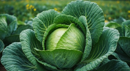 Photo Close Up View of a Fresh Green Cabbage Plant in Field