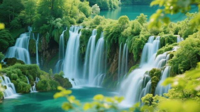 Waterfall landscape in Plitvice Lakes Croatia, seamless loop cinemagraph animation of cascading water in lush forest scenery, tranquil nature motion  video download