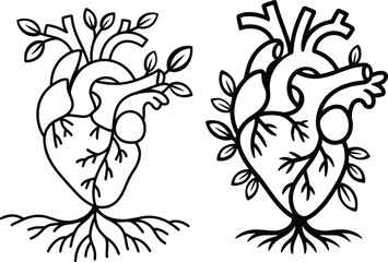Botanical Heart Illustration, Anatomical Nature Art with Roots and Leaves.