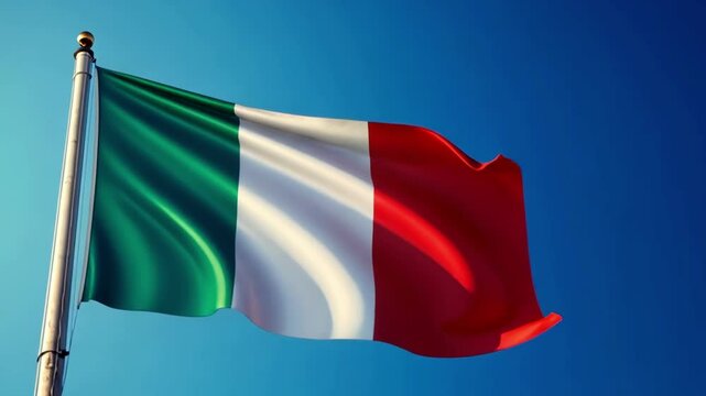 Waving Italian flag against clear blue sky during bright day in culturally rich Italy