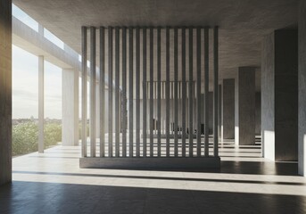 Photo Concrete Interior Modern Design With Geometric Lines And Sunlight