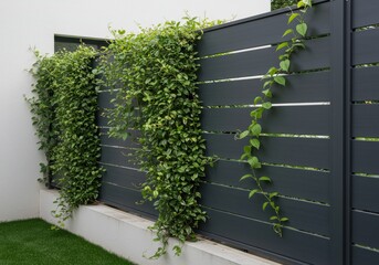 Photo Dark Gray Fence with Green Ivy Plants on White Wall Outdoor Scene