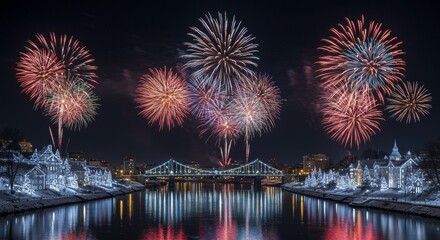 Photo Fireworks Display Over City Bridge Reflecting on River at Night