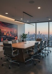 Photo Modern Boardroom Interior With City View at Sunset Showing Leadership