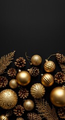 Photo Golden Christmas Decorations On Black Background Festive Luxury