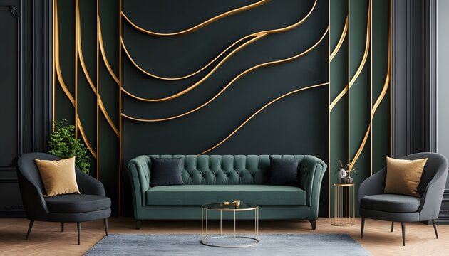 Luxurious living room interior with dark green sofa and gold accents.