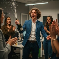 Photo Group Celebration With Champagne Bottle Smiling and Applauding in Office