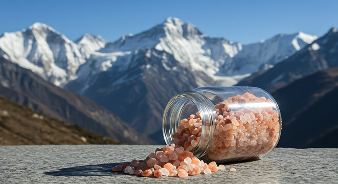 Himalayan Pink Salt Crystals Spilled from Jar Against Majestic Mountain Range