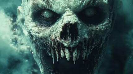 Frightening zombie face with decaying flesh and intense, eerie eyes in foggy, ominous atmosphere