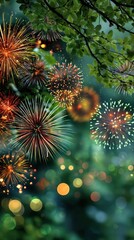 Vibrant Fireworks Display Against a Lush Green Night Sky
