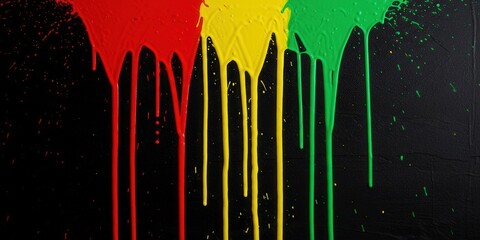 Abstract dripping paint art background in red, yellow, green on black textured canvas, symbolizing Pan-African pride, cultural identity, creative expression, Black History Month, Juneteenth, Kwanzaa