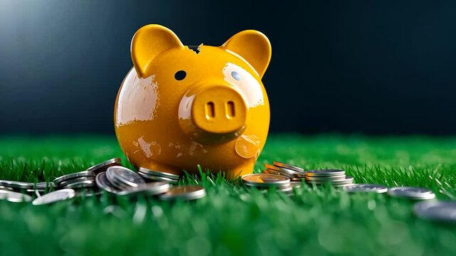Broken Piggy Bank on Grass with Coins