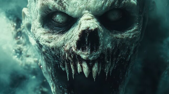 Frightening zombie face with decaying flesh and intense, eerie eyes in foggy, ominous atmosphere