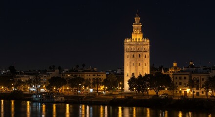 Obraz premium Night Cityscape of Seville Spain a Photo of the Giralda Tower Reflected in River