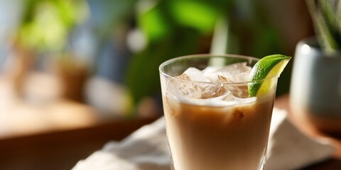 Iced coffee drink with lime garnish