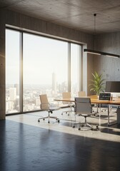 Photo Interior Office Space with Large Windows and City View in Daylight