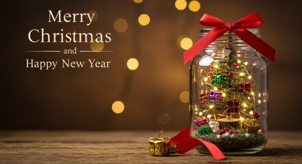 Photo Merry Christmas Celebration with Illuminated Jar and Golden Bokeh