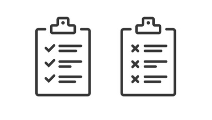 Checklist clipboard line stroke icon vector set, check list clip board outline thin linear simple pictogram sign symbol set with success review checkmarks and wrong fail quality cross inspection image