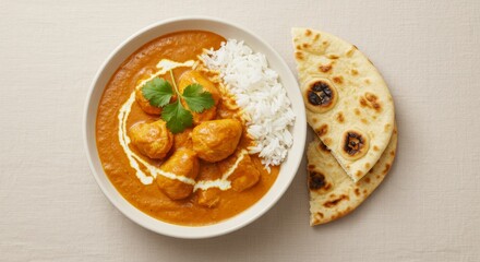 Delicious Chicken Tikka Masala with Rice and Naan - Aromatic chicken tikka masala served with fluffy basmati rice and warm naan bread. A flavorful and satisfying Indian meal