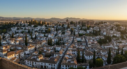Obraz premium Panoramic Cityscape View with Rooftops Trees Buildings in Warm Morning Light Photo