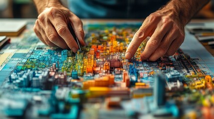 Fototapeta premium Hands meticulously arranging colorful, raised cityscape elements on a map base