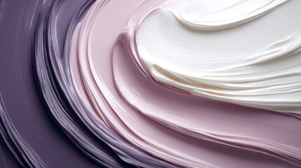 Abstract close-up of smooth paint swirls in soft lavender, dusty rose, and cream colors, creating a calming, tactile sensation against a subtle textured backdrop.