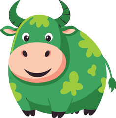 Fototapeta premium cute green cow cartoon, adorable farm animal, colorful and whimsical illustration, happy and friendly expression, smiling face, bold colors, simple geometric shapes, digital art 