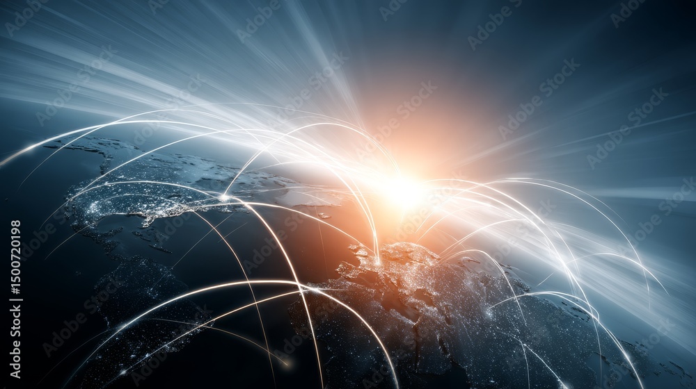 Aufkleber Dynamic representation of global connectivity, illuminated by radiant sunlight, showcasing intricate data flow over Earth’s surface in striking colors.
