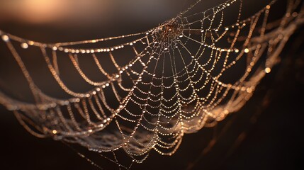 A spiderweb glistening with dew, illuminated by warm light. The delicate structure catches the morning dew, creating a sparkling pattern. .