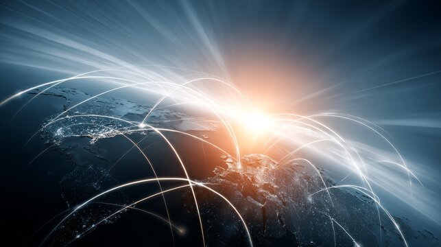 Dynamic representation of global connectivity, illuminated by radiant sunlight, showcasing intricate data flow over Earth’s surface in striking colors.