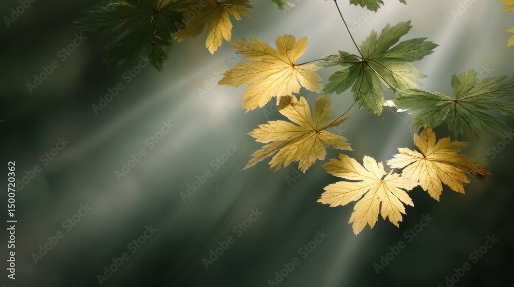 Poster Golden and Green Maple Leaves Illuminated by Soft Rays of Sunlight, Creating a Serene Atmosphere in a Lush Forest Background