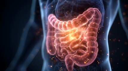 A visualization of human health and digestion issues, featuring a medical glow around the anatomy of the stomach and intestines, indicating pain and disease treatment. .