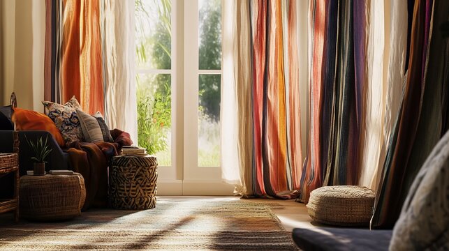 Boho inspired living space with colorful flowy curtains in vibrant hues paired with a textured woven carpet The room features earthy tones and eclectic furniture creating a relaxed artistic vibe