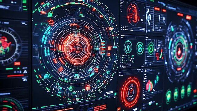 Futuristic Tech Interface: Red and Green Digital Displays