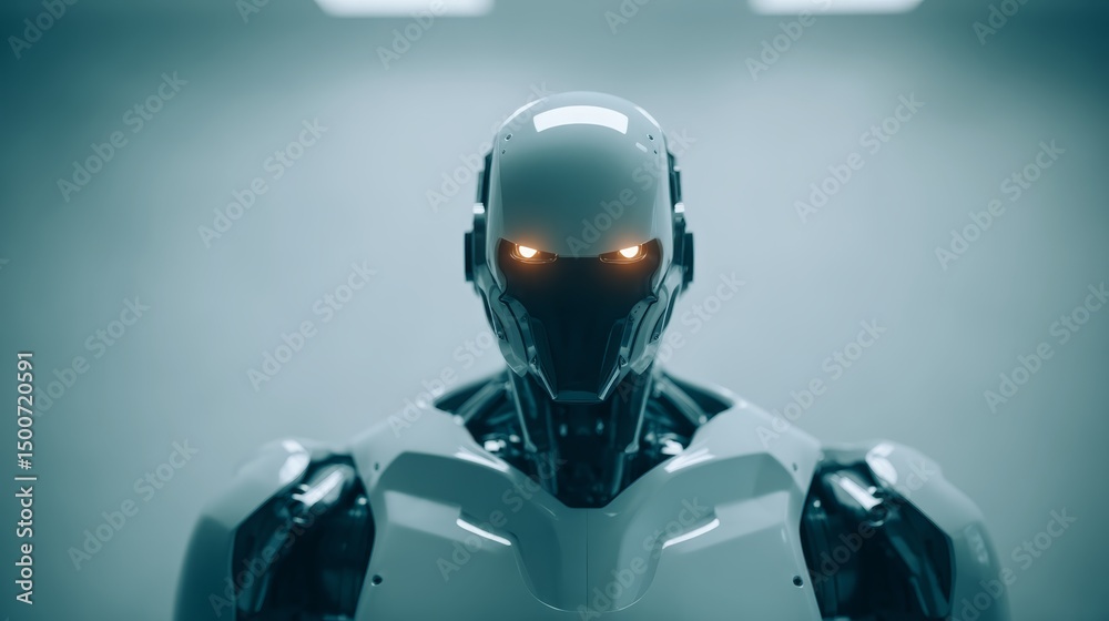 Poster futuristic robot with glowing eyes stares intensely under soft lighting, evoking themes of humanity 