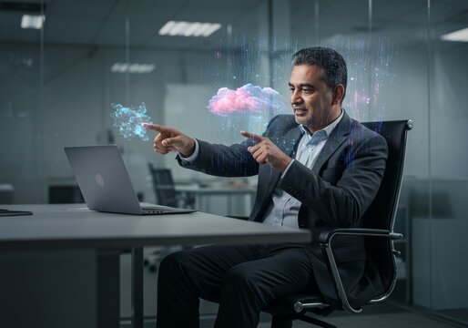 Photo Of A Business Man Interacting With Digital Cloud In Office With Laptop