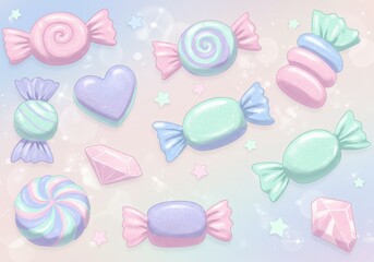 Pastel Candy Illustration with Glitter on Gradient Background