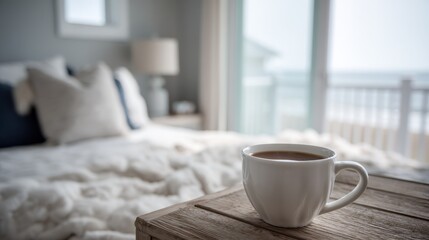 Warm cup of coffee on rustic wooden table in serene coastal bedroom, softly lit by morning light, creating a cozy, inviting atmosphere.