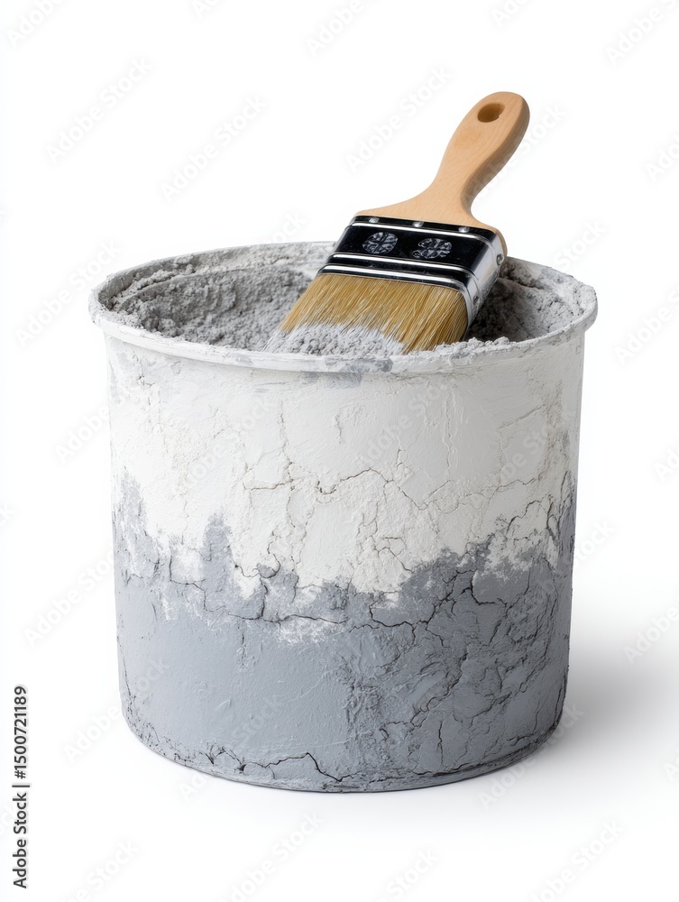 Poster cementitious waterproofing mix bucket with a brush against a plain white background for construction