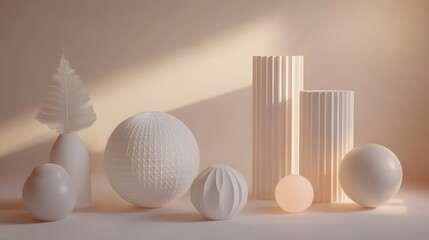 A still life arrangement of various smooth, white shapes.
