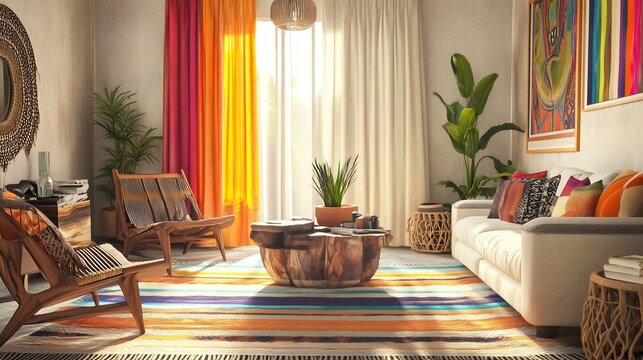 Boho inspired living space with colorful flowy curtains in vibrant hues paired with a textured woven carpet The room features earthy tones and eclectic furniture creating a relaxed artistic vibe