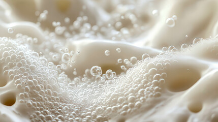 Fototapeta premium Closeup creamy liquid with bubbles. The texture is smooth and frothy, creating a soft, inviting appearance. Ideal for food and beverage concepts.