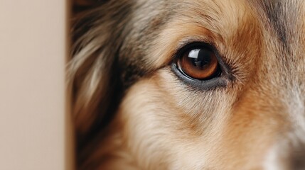 Intimate close-up of a Dog’s Eye, revealing warm hues and soulful depth against a soft, neutral backdrop, evoking feelings of loyalty and companionship.
