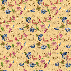 Botanical watercolor pattern with autumn berries, butterflies, and dry herbs isolated. Red and blue berries, herbarium seamless background hand painted for fabric, stationery, and wrapping paper.