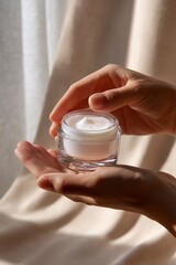 Hands hold a clear jar of light-pink cream.  Sunlight filters through sheer fabric