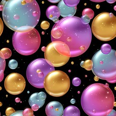 Seamless Y2K inspired pattern of shiny bubbles and gradient spheres, playful tech aesthetic