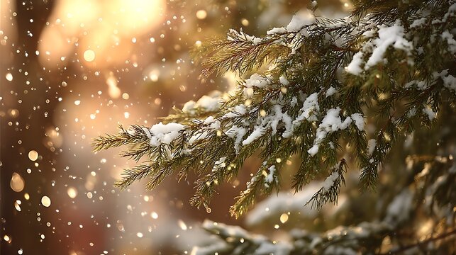 Snow-covered evergreen boughs are set against a warm, bokeh-filled background for a classic winter scene, evoking holiday cheer and beauty. .