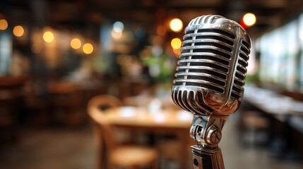 Vintage microphone in a cozy, ambient cafÃ© setting with warm lighting and a blurred background. .