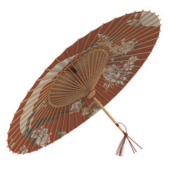 Traditional Japanese Paper Umbrella with Floral Pattern Isolated on White Background