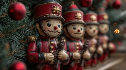 Vintage Holiday Decor: Festive Toy Soldiers Guarding a Christmas Tree Display